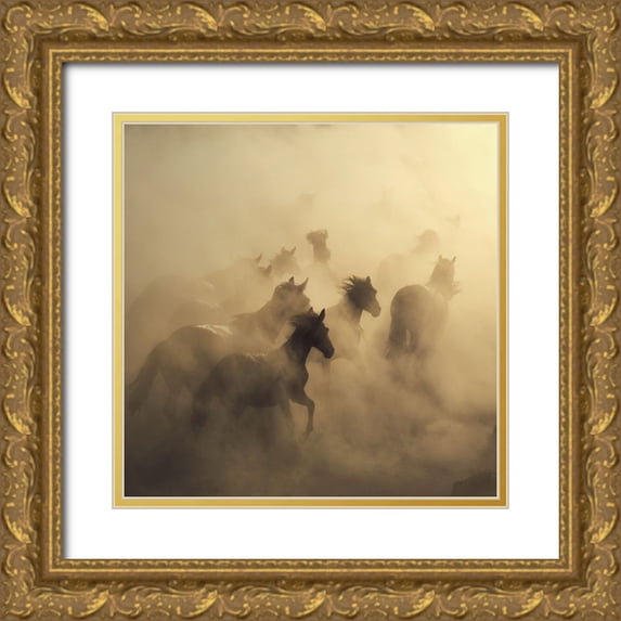 Taskin, Huseyin 26x26 Gold Ornate Wood Framed with Double Matting Museum Art Print Titled - Migration Of Horses