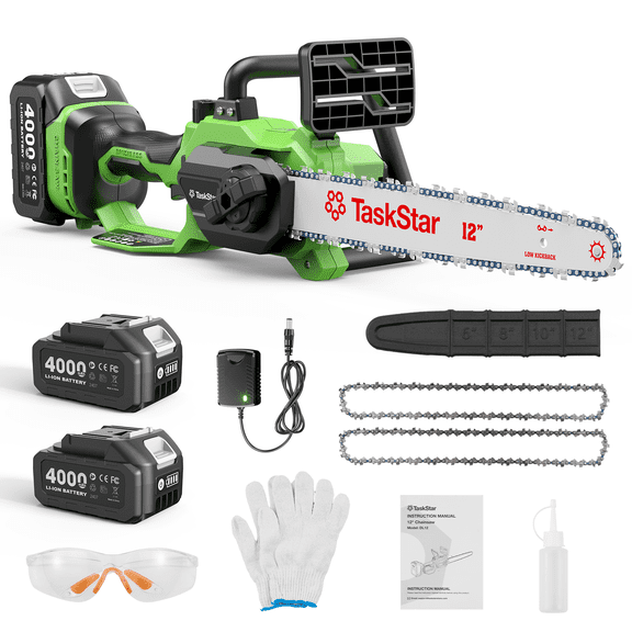Taskstar 12" Cordless Electric Chainsaw 2*4000mAh Battery & Charger, Handheld Branch Tree Trimming Pruning Saw