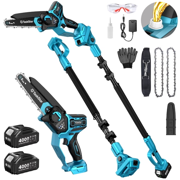 Taskstar 8inch 8.23ft Cordless Electric Pole Saw & Mini Chainsaw, High Branch Tree Trimming 2*4000mAh Telescopic Saw