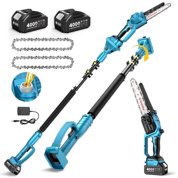 Taskstar 2-in-1 Cordless Pole Saw & Mini Chainsaw, 8inch Electric Handheld Chain Saw,15FT Max Reach,2*4000mAh Batteries