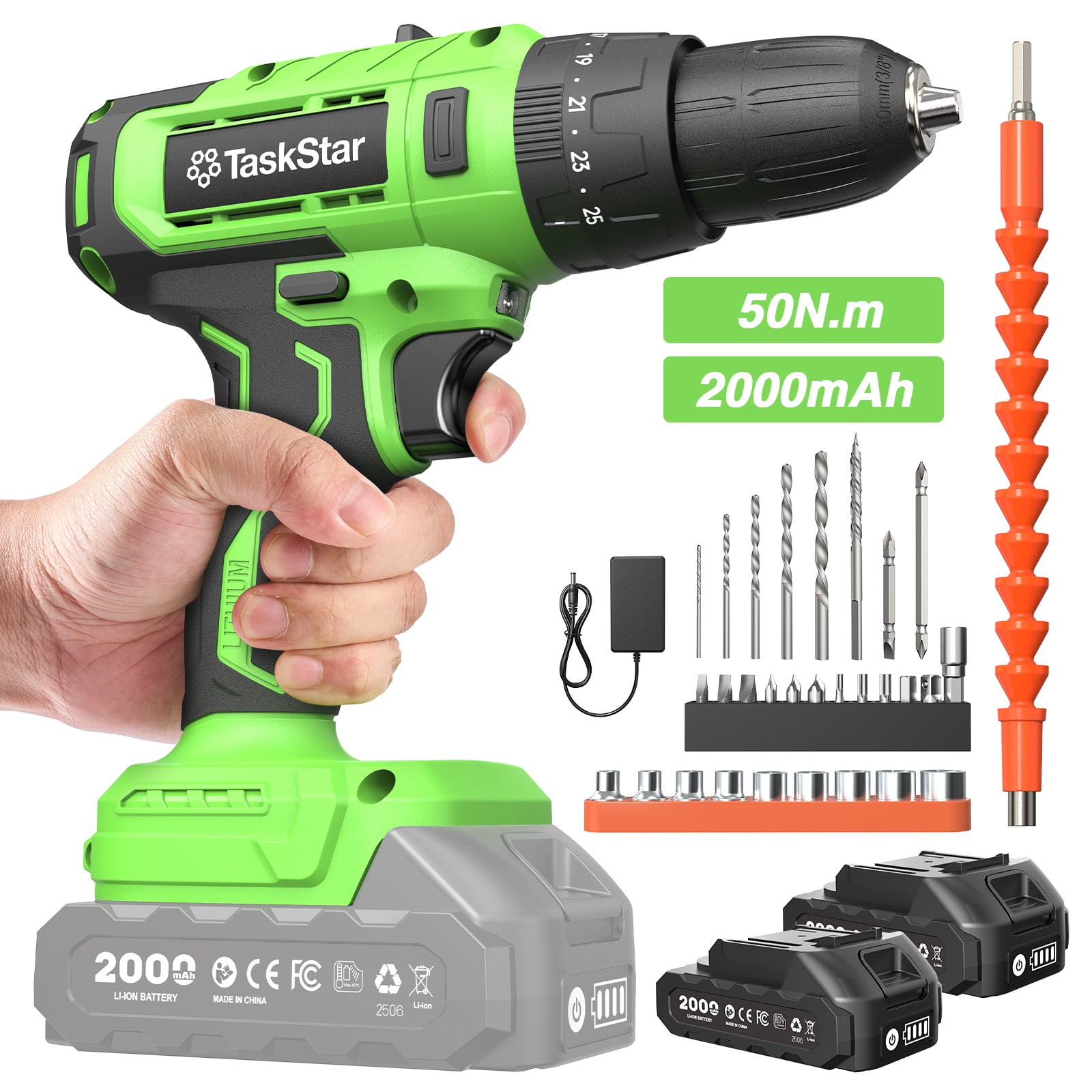 Taskstar 21V Cordless Power Drill Set, Power Drill Driver Kit with Lithium-ion Battery and Charger, 3/8-Inch Keyless Chuck, 2 Variable Speed, 20+3 Position and 29pcs Drill/Driver Bits