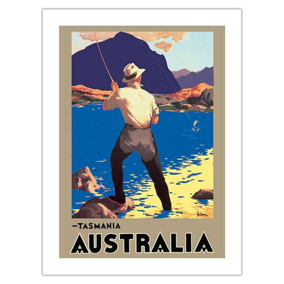 Tasmania Australia - Fly Fishing - Vintage Travel Poster by John Vickery c.1933 - Bamboo Fine Art 290gsm Paper Print (Unframed) 18x24in