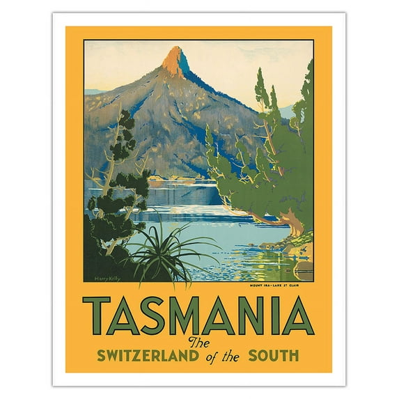 Tasmania - The Switzerland of the South - Mount Ida Lake St. Clair - Vintage Travel Poster by Harry Kelly c.1940 - Fine Art Matte Paper Print (Unframed) 11x14in