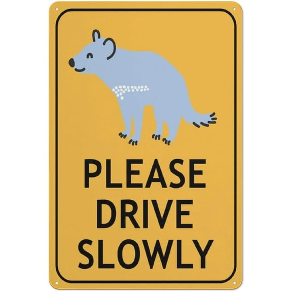 Tasmanian Cartoon Devil Please Drive Slowly Reflective Aluminum Metal Signage - 8"x12", With Symbol, Weatherproof - Rural Road, Wildlife Area, Conservation Zone