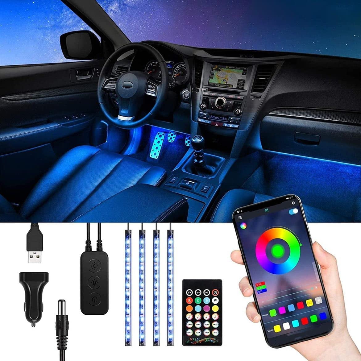 2 Pcs Car Led Lights Interior,7 Colors Ambient Lighting Car Interior,Car  Led Lights Interior Wireless 