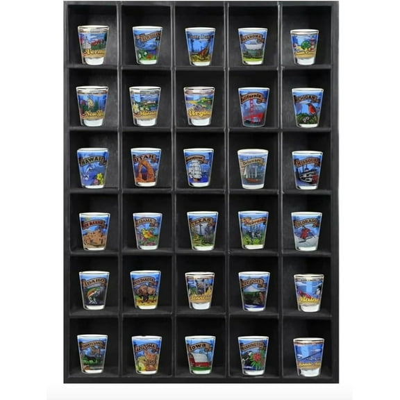 Tasse Verre 30 Shot Glass Display Case (1-Pack) - Large Wooden Collectibles Rack - Wall Mounted Black Bar Shadow Box Minifigure Storage, 16.7x12.2”