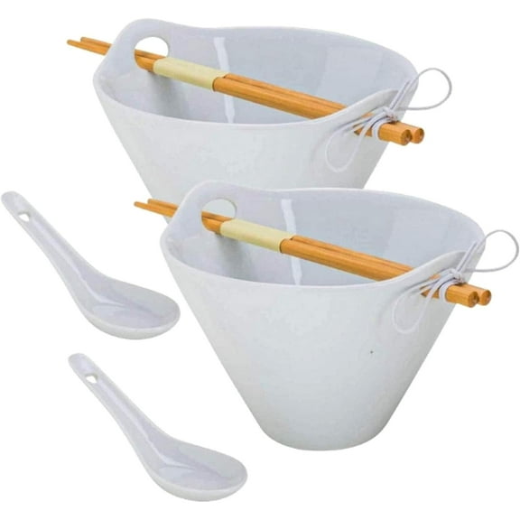 Tasse Verre 40 fl oz Porcelain Ramen Noodle Ceramic Bowl (2-Pack) w/ Chopsticks and White Soup Spoon