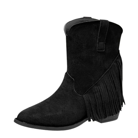 Tassel Ankle Booties for Women's Western Cowboy Boots Retro Fringe Cowgirl Chunky Heel Boot Shoes Pointed Toe Fashion Pull on Boots for Women