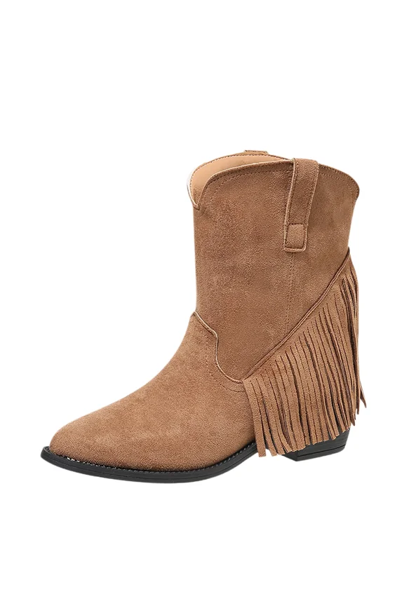 Tassel Ankle Booties for Women's Western Cowboy Boots Retro Fringe Cowgirl Chunky Heel Boot Shoes Pointed Toe Fashion Pull on Boots for Women