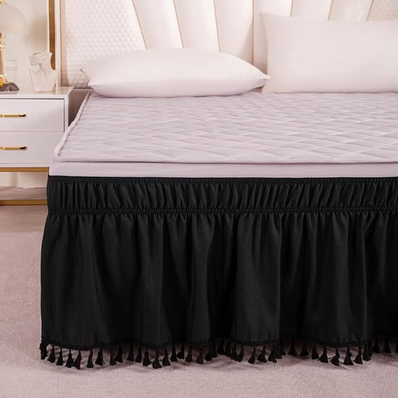 Tassel Bed Skirt with 15 Inch Drop, Cotton Fringe Ruffled Bedding for Twin Beds Home