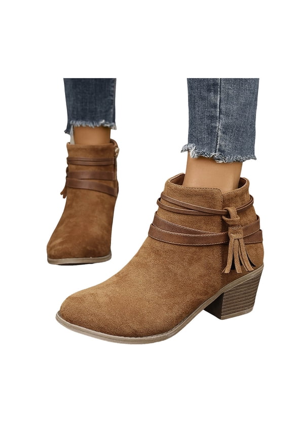 Tassel Boots for Women 2025 Fashion Fringe Suede Pointed Toe Stacked Mid Heel Mid Calf Short Ankle Booties