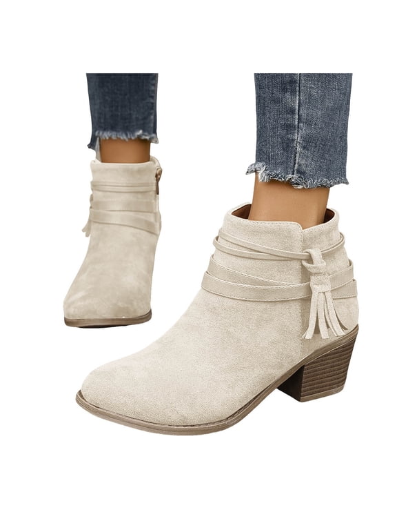 Tassel Boots for Women 2025 Fashion Fringe Suede Pointed Toe Stacked Mid Heel Mid Calf Short Ankle Booties