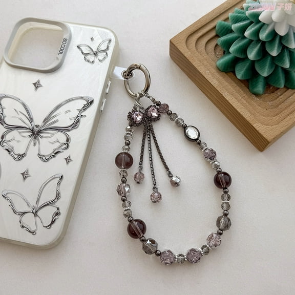 Tassel Bow Phone Charms Strap Shiny Crystal Beaded Phone Chain Luxury Phone Wrist Strap Bag Charms Cell Phone Lanyards for Women Phone Lanyard Wristlet Keychain Accessories