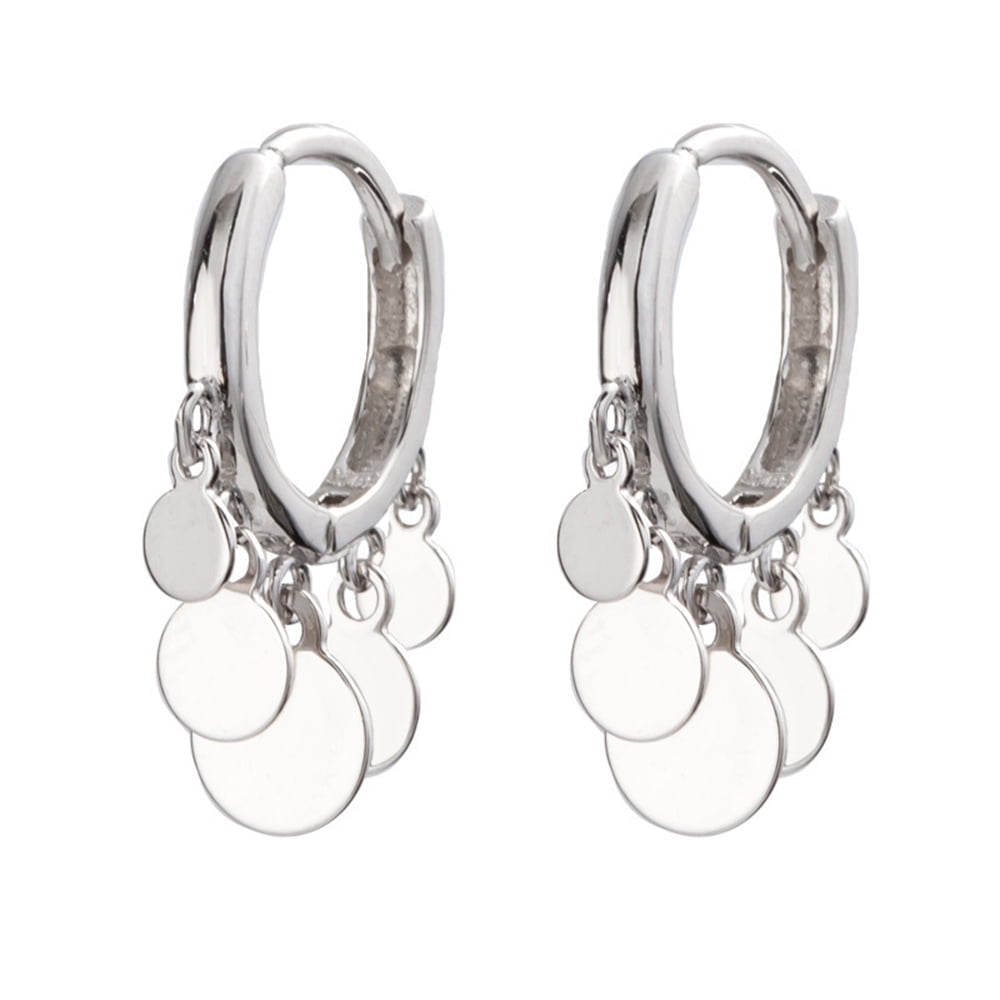 Tassel Coin Disc Small Huggie Hoop Earrings Sterling Silver for Women