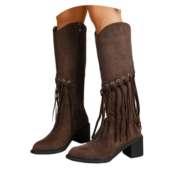 Tassel Cowboy Boots for Women Fringe Wide Calf Western Boots Chunky Heel Pull on Cowgirl Knee High Boot for Party Wedding Event
