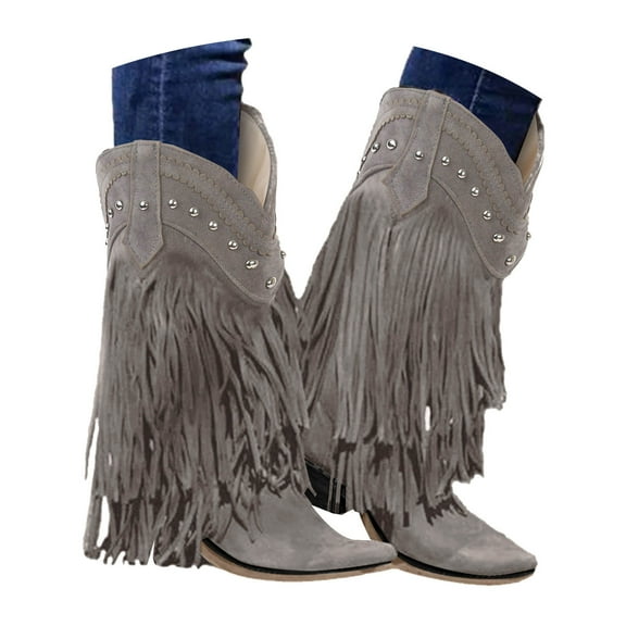 Tassel Cowboy Boots for Women Fringe Wide Calf Western Boots Chunky Heel Pull on Cowgirl Knee High Boot for Party Wedding Event
