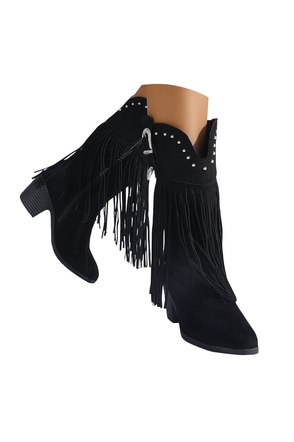 Tassel Cowboy Boots for Women Fringe Wide Calf Western Boots Chunky Heel Pull on Cowgirl Knee High Boot for Party Wedding Event