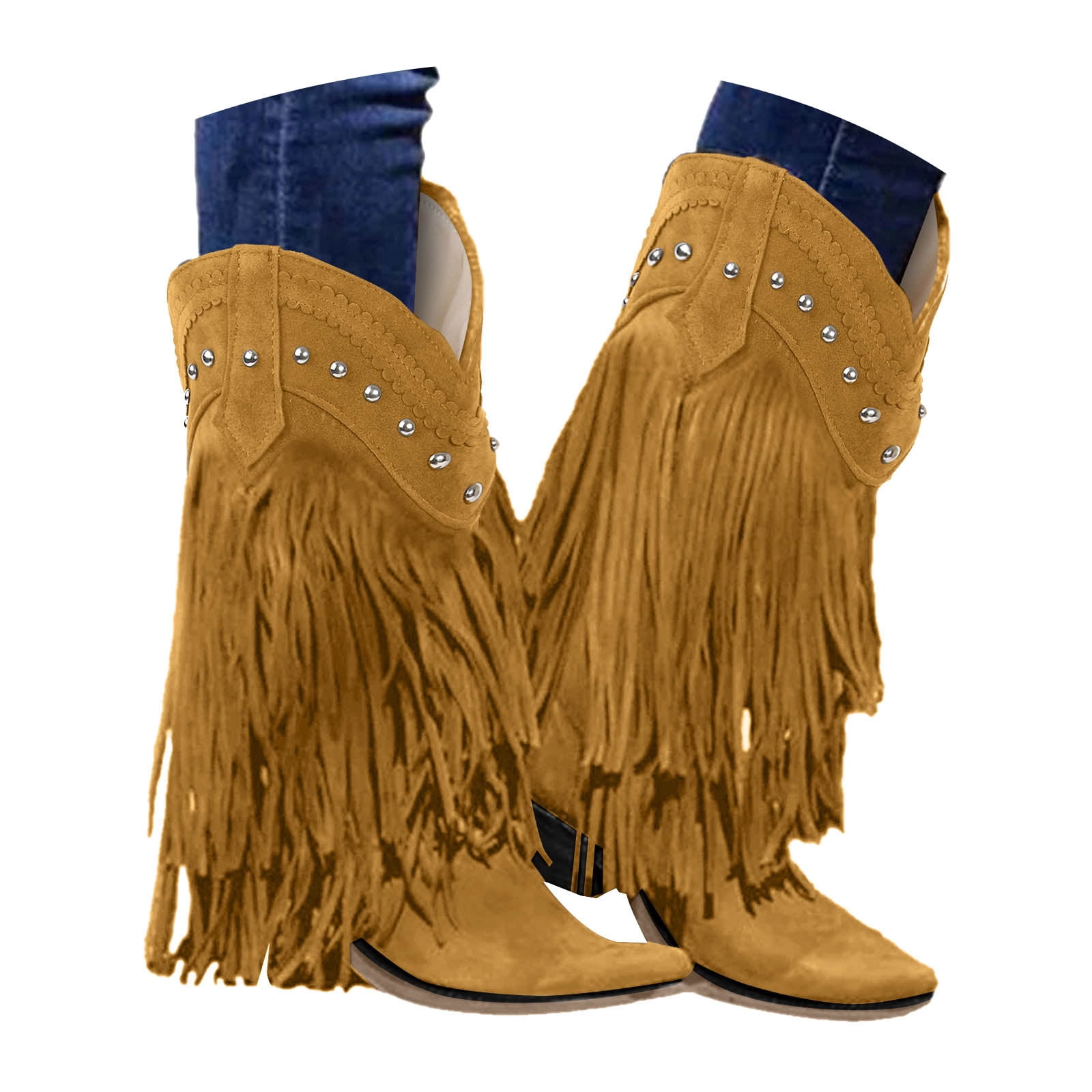 Tassel Cowboy Boots for Women Fringe Wide Calf Western Boots
