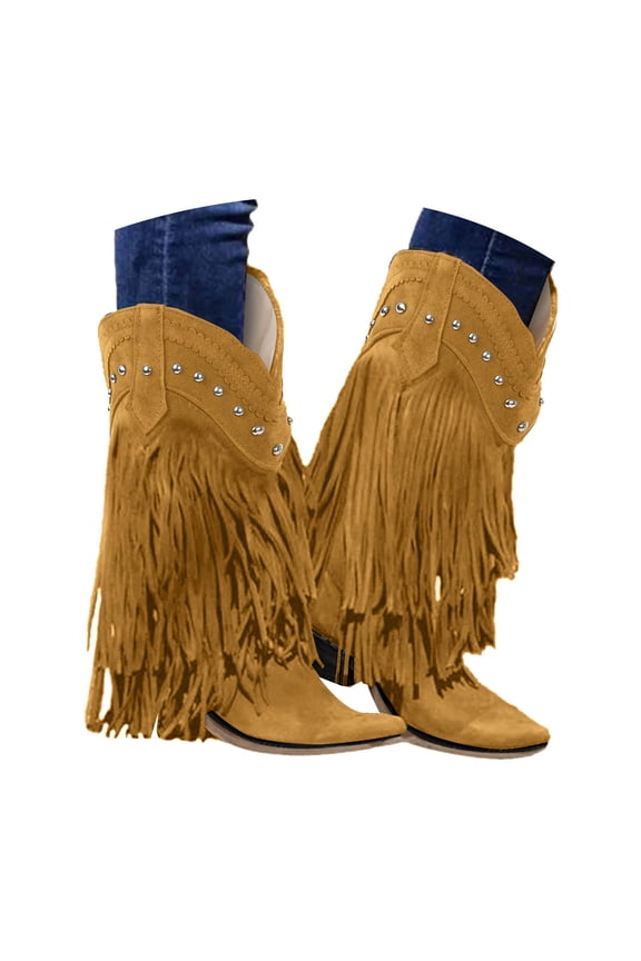 Tassel Cowboy Boots for Women Fringe Wide Calf Western Boots Chunky Heel Pull on Cowgirl Knee High Boot for Party Wedding Event