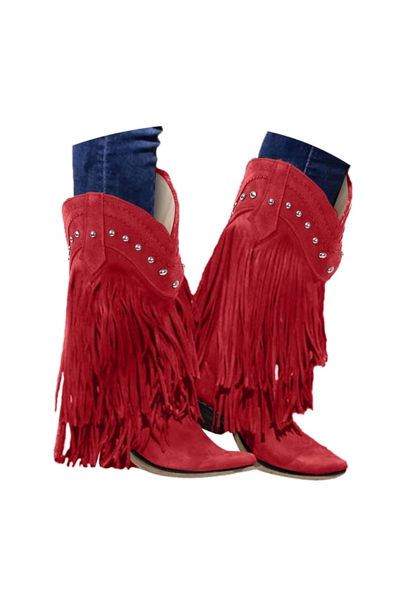 Tassel Cowboy Boots for Women Fringe Wide Calf Western Boots Chunky Heel Pull on Cowgirl Knee High Boot for Party Wedding Event