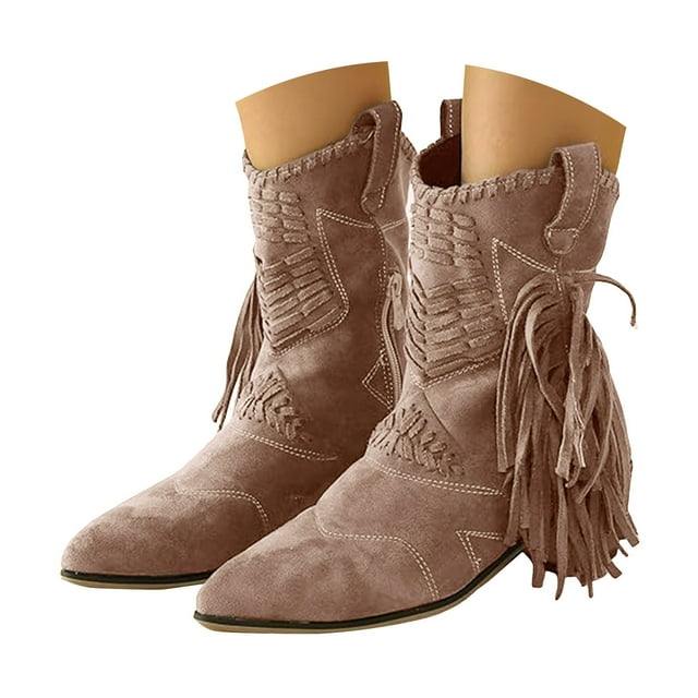 Tassel Cowgirl Boots for Women Boho Suede Pointed Toe Stacked Heel Mid Calf Dress Cowboy Booties