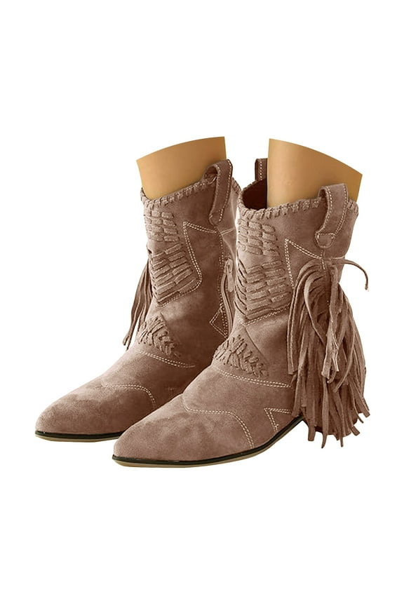 Tassel Cowgirl Boots for Women Boho Suede Pointed Toe Stacked Heel Mid Calf Dress Cowboy Booties