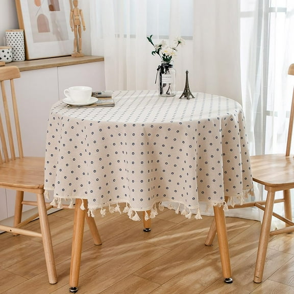 Tassel Cream Tablecloth with Blue Daisy Floral - Cotton Linen Rustic Tablecloth Burlap Table Cloth for Kitchen Dining Party Tabletop Decoration (Round, 120cm)