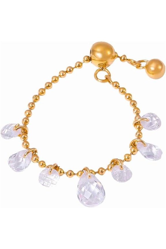 Tassel Crystal Dangling Beads Link Chain Ring for Women Stainless Steel Teardrop Statement Rings Stacking Finger Band Fashion Jewelry