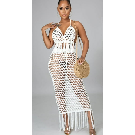 Tassel Decor Fishnet Beach Skirt Set (M, Orange)
