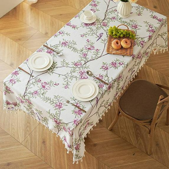 Tassel Edge Tablecloth, Floral Bird Print Rectangular Table Cover 53x39 Inch, Bohemian Style Dining Table Decor, Stain Resistant Polyester for Kitchen, Party, Cafe