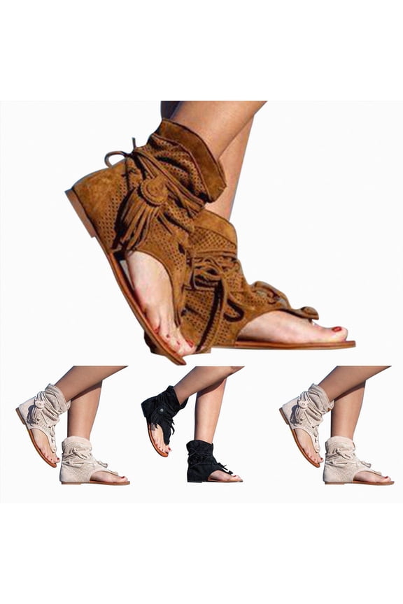 Tassel Flat Sandals for Women Retro Open Toe Bohemian Gladiator Fringe Casual Flip Flops Beach Shoes Hollow out T-Strap Ankle Boots White Size 9