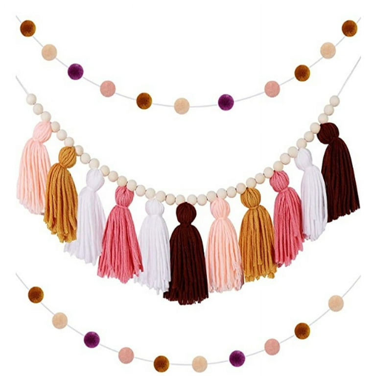 Tassel Garland Tassel Wall Hanging Decor Pastel Tassel Banner with Wood Beads and 2 Pieces Colorful Pom Pom Balls Garlands for School Classroom Baby