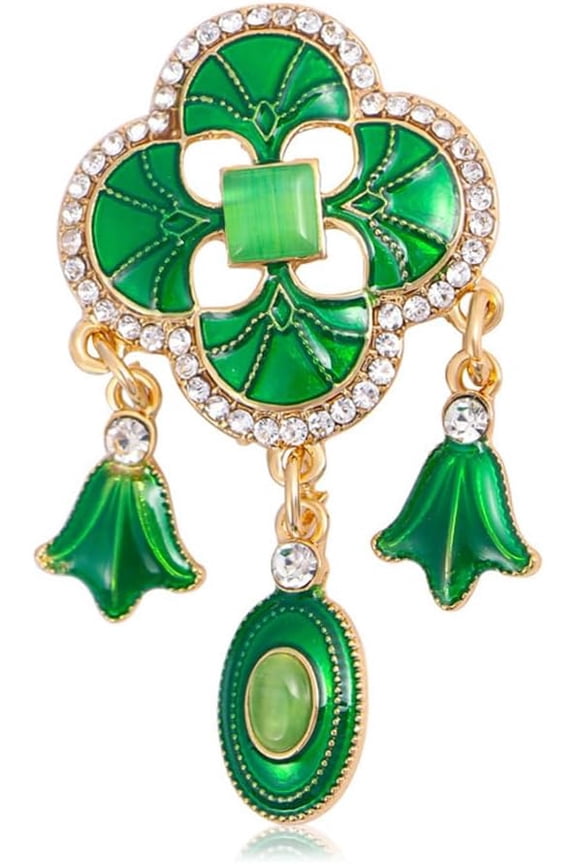 Tassel Green Flower Brooch Pin for Women Men Gold-Toned Rhinestone Clover Leaf St.Patrick's Day Brooches Lapel Elegant Dress Accessories Spring Holiday Party Jewelry