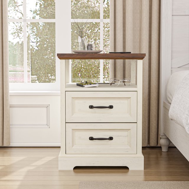 Hommpa Farmhouse Nightstand with 2 Drawer with Charging Station Rustic Square Bedside Table Wooden Nightstand for Bedroom