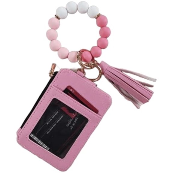 Tassel Keychain Stylish Western Cowboy Bead Keychain Wristlet Wallet for Card Holder Coin Purse(Pink)