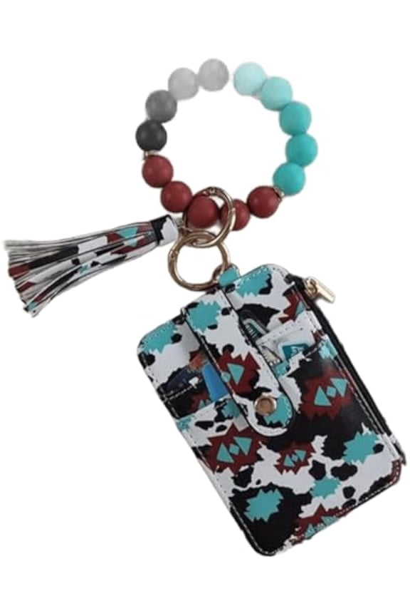 Tassel Keychain Stylish Western Cowboy Bead Keychain Wristlet Wallet for Card Holder Coin Purse