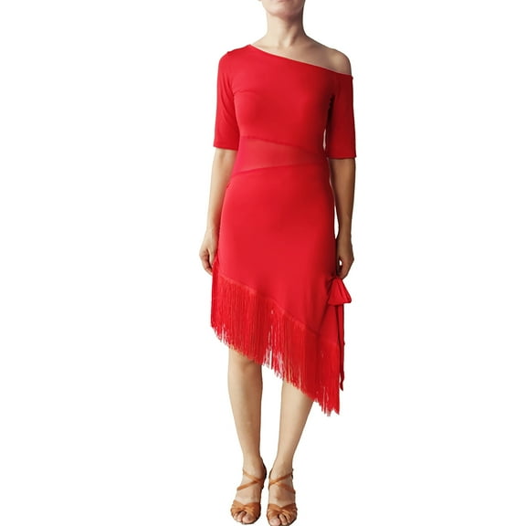 Tassel Latin Salsa Dance Dresses With Mesh Panels