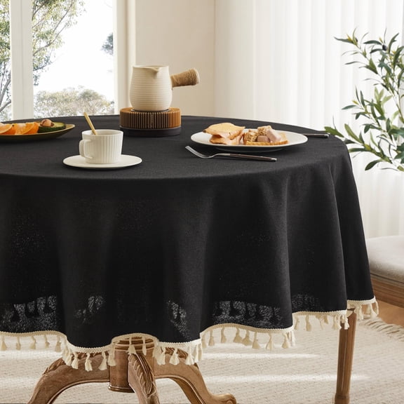 Tassel Linen Round Table Cloth Black 52 Inch | Trimmed Sleek Drapington Blend Water Stain Resistant Dining Tablecloths Washable Farmhouse Cover