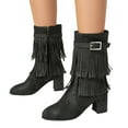 thumbnail image 1 of Tassel Mid Calf Dress Boots for Women 2025 Buckle Fringed Boho Side Zipper Chunky High Heel Short Boots, 1 of 6