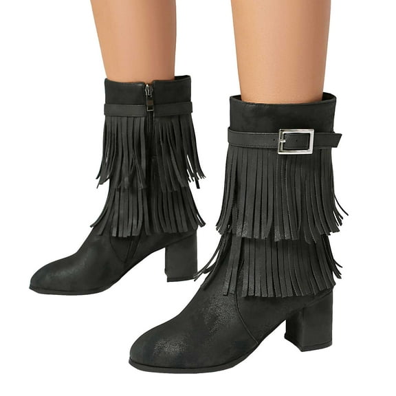 Tassel Mid Calf Dress Boots for Women 2025 Buckle Fringed Boho Side Zipper Chunky High Heel Short Boots
