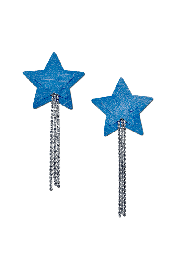 Tassel Pasties: Denim Star Pastease with Long Rhinestone Tassel Nipple Pasties by Pastease