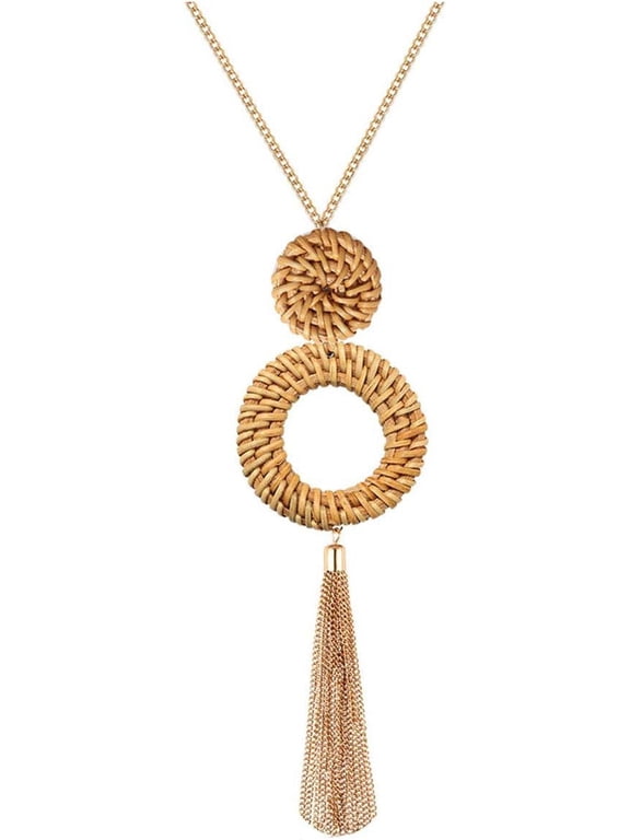 Tassel Pendant Necklace Handmade Straw Wicker Braid Statement Pendant Y-Shaped Long Chain Necklace for Women
