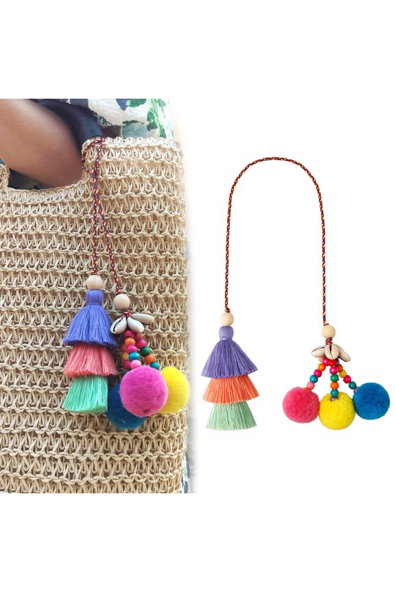 Tassel Pendant Retro Ethnic Style Straw Canvas Tote Bag Decor， Colorful Fur Ball Keychain Handbag Accessory