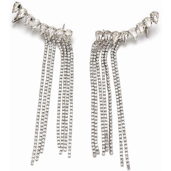 Tassel Quality Earrings Ear Crawler Earrings for Women Ear Clip for Pierced Earrings Rhinestones Ear Climber Earrings Statement Earrings (Silver)[s958]