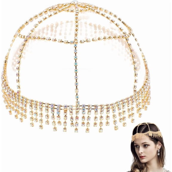 Tassel Rhinestone Headpieces Layered Head Chain Mesh Roaring 20s Jewelry Sparkly Bridal Headbands Wedding Prom Hair Flapper Caps Headwrap for Women and Girls Brides Prom