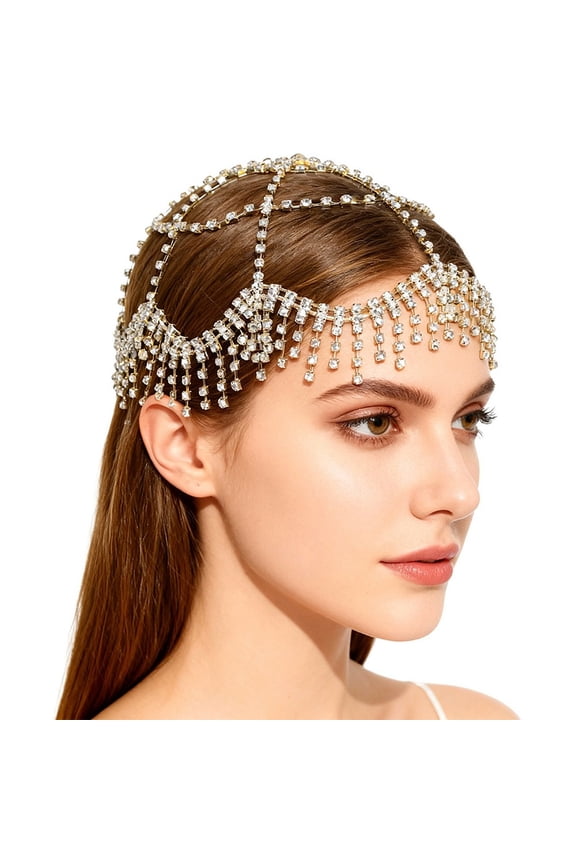 Tassel Rhinestone Headpieces Layered Head Chain Mesh Roaring 20s Jewelry Sparkly Bridal Headbands Wedding Prom Hair Flapper Caps Headwrap
