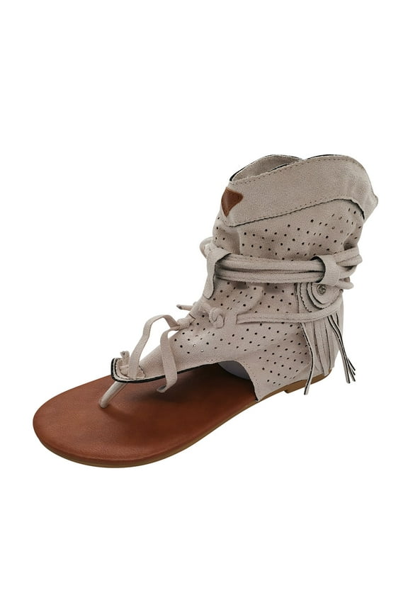 Tassel Sandals for Womens Girls Thong Flat Sandals Gladiator Fringe Zip T-Strap Sandals Retro Bohemian Beach Roman Boots
