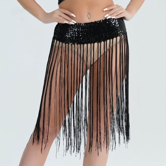 Tassel Skirt for Women Belly Dance Fringe Hip Scarf Sequin Wrap Skirts Carnival Festival Costume Black One Size