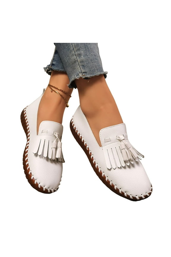 Tassel Slip on Loafers for Women Spring Fall Fashion Casual Leather Fringe Non Slip Walking Flats Work Shoes