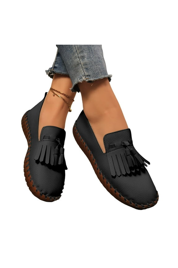 Tassel Slip on Loafers for Women Spring Fall Fashion Casual Leather Fringe Non Slip Walking Flats Work Shoes